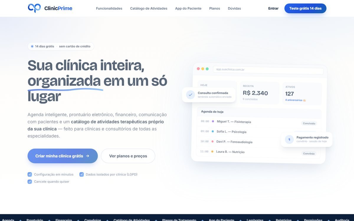 ClinicPrime, sistema de gestão para clínicas desenvolvido por Marcos Bianchi